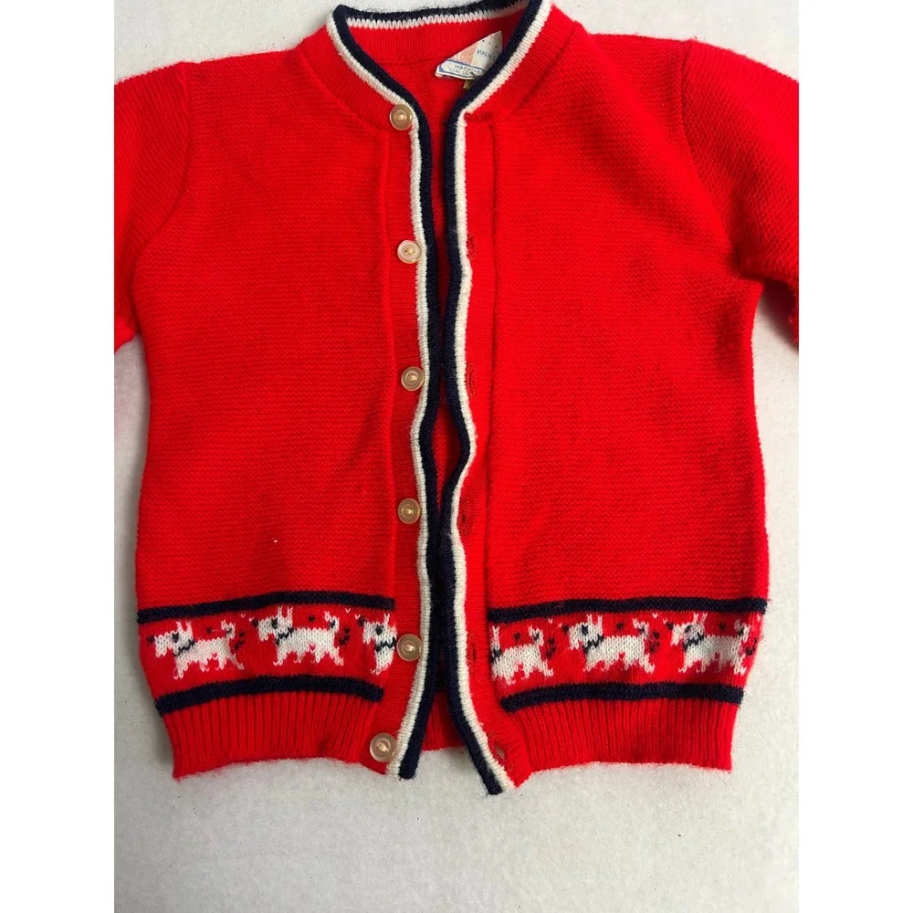 Vintage‎ Toddletime Kid Sm Red Scottie Dog Orlon Acrylic Knit Cardigan Sweater